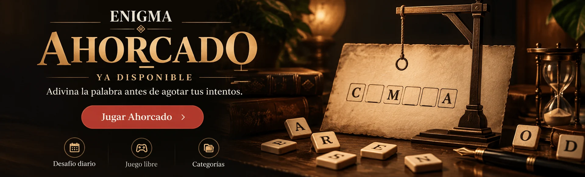 Ahorcado ya disponible: adivina la palabra antes de agotar tus intentos. Desafío diario, juego libre y categorías