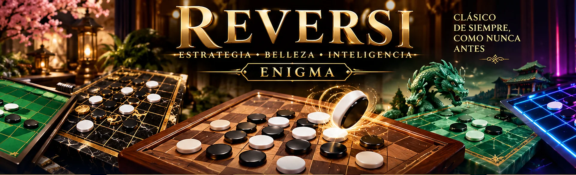Reversi, nuevo en ENIGMA: estrategia, belleza e inteligencia. Tableros de nogal, obsidiana y oro, jade imperial y neón
