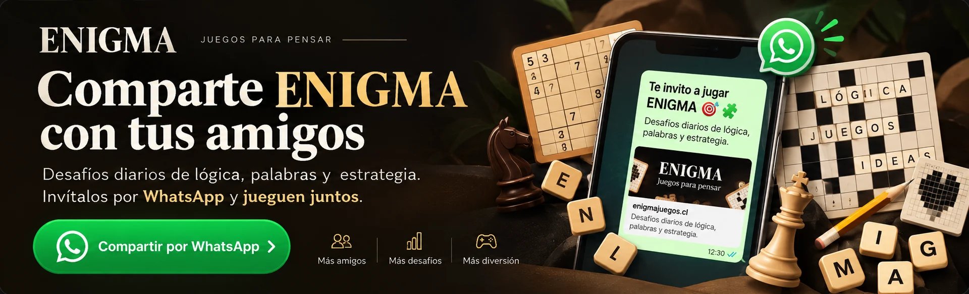 Comparte ENIGMA con tus amigos: desafíos diarios de lógica, palabras y estrategia. Compartir por WhatsApp