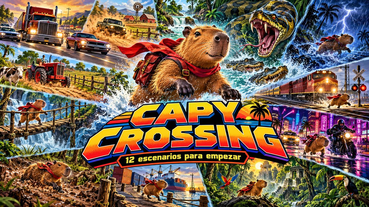 CAPY CROSSING: una capibara con pañuelo y mochila rojos cruza carreteras, ríos, vías de tren y la selva, entre caimanes y una enorme anaconda